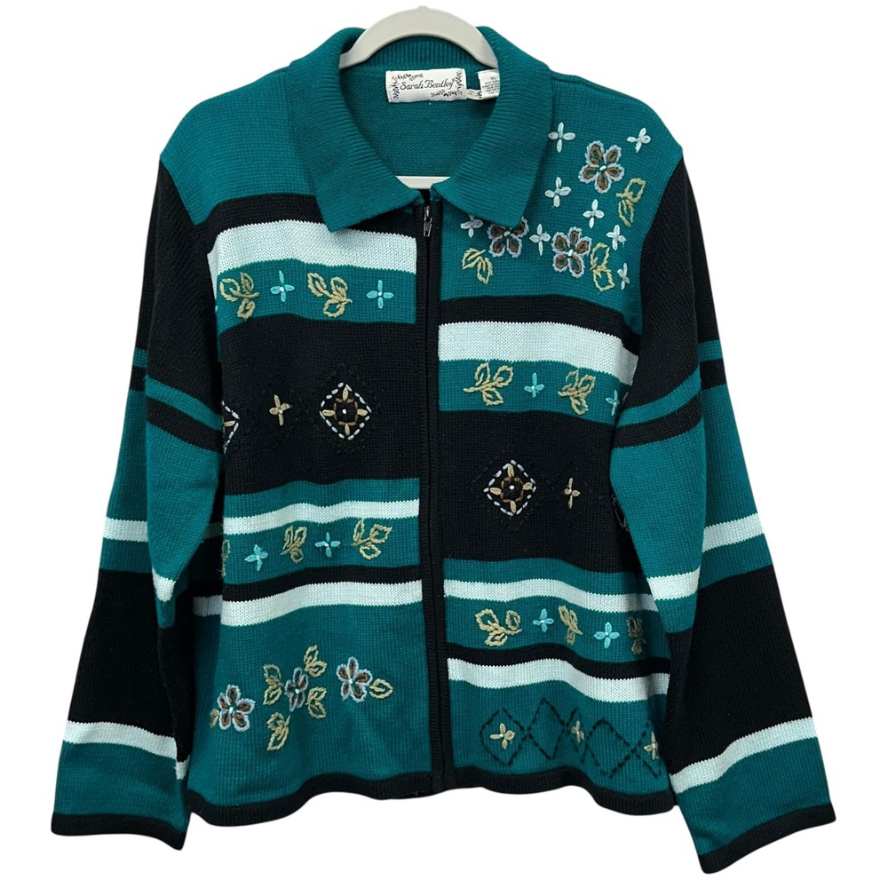 Sarah Bentley Sweater Womens XL Teal Black Zip Cardigan Floral‎ Knit Embroidered